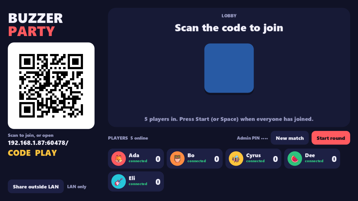 Buzzer Party demo host screen: lobby QR code, join URL, and a roster of connected players