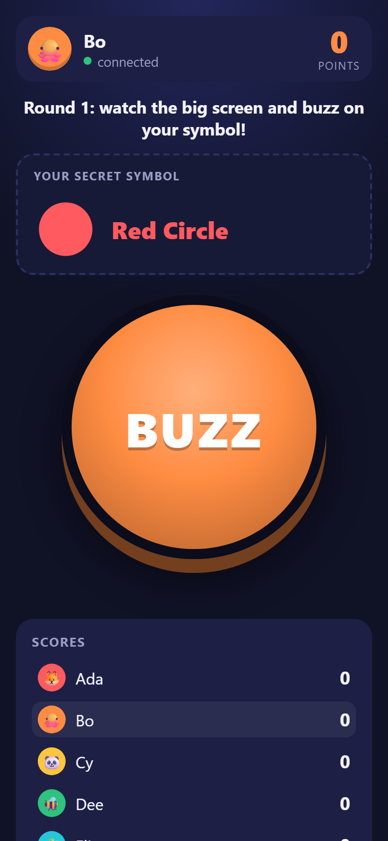 Phone controller in the browser: big BUZZ button, secret symbol, live scores